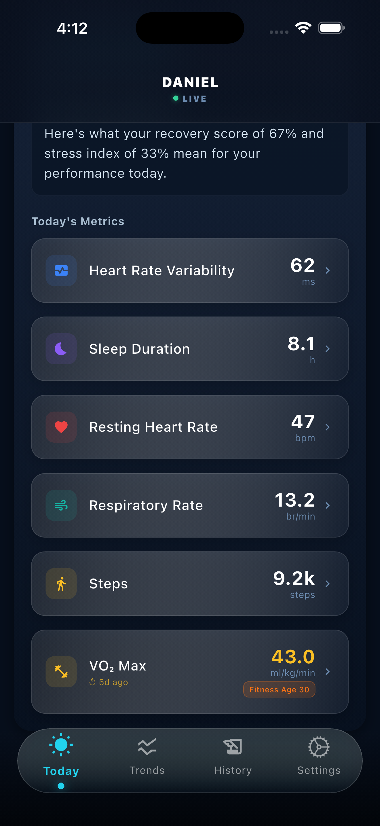 Kreev app — Biometric metrics view